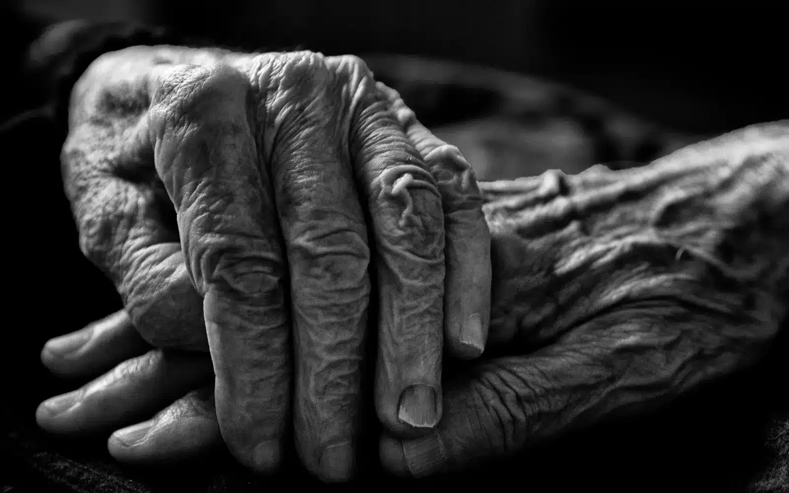 black and white image of two elders holding hands