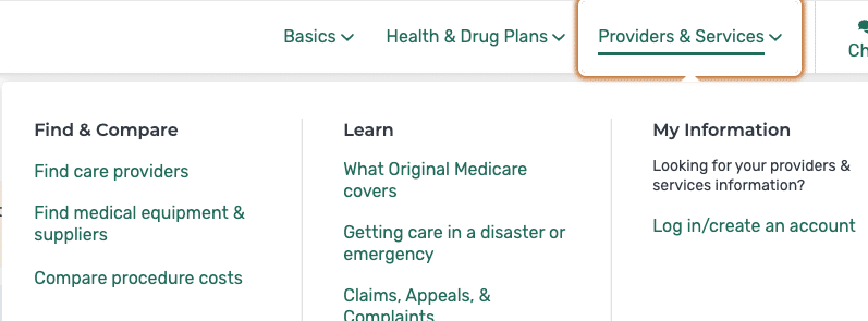 Screenshot of the Medicare dot gov website