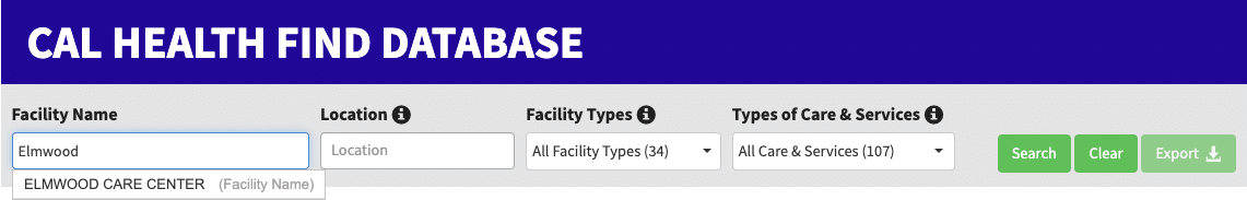 Screenshot of the Cal Health Find Database for putting in information about the facility