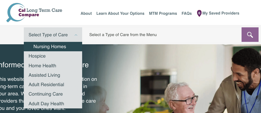 Screenshot of the Cal Long Term Care Compare homepage