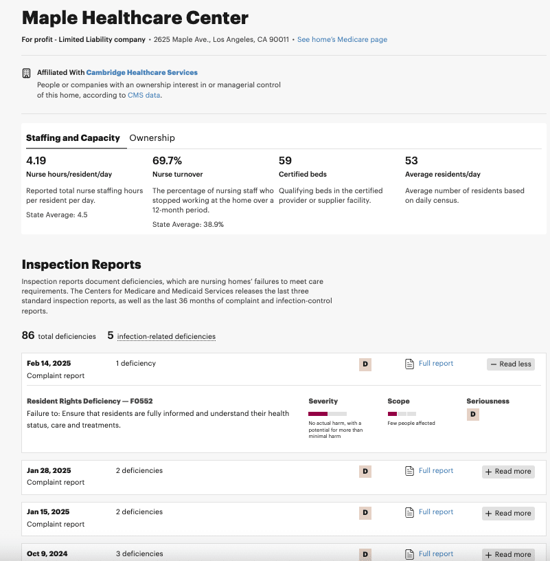 Screenshot of the facility information on ProPublica