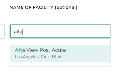 Screenshot of the Name of Facility box