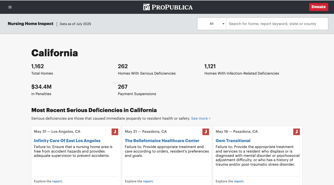 Screenshot of some facilities available in California on ProPublica