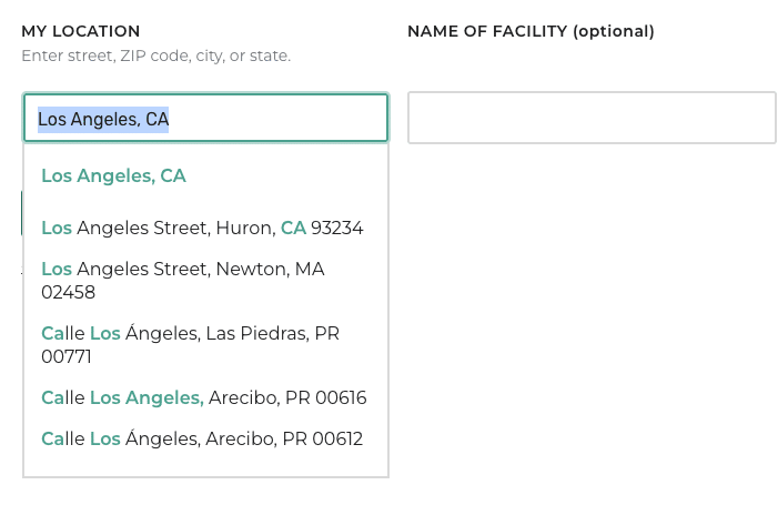 Screenshot of the box to put in information of the facility